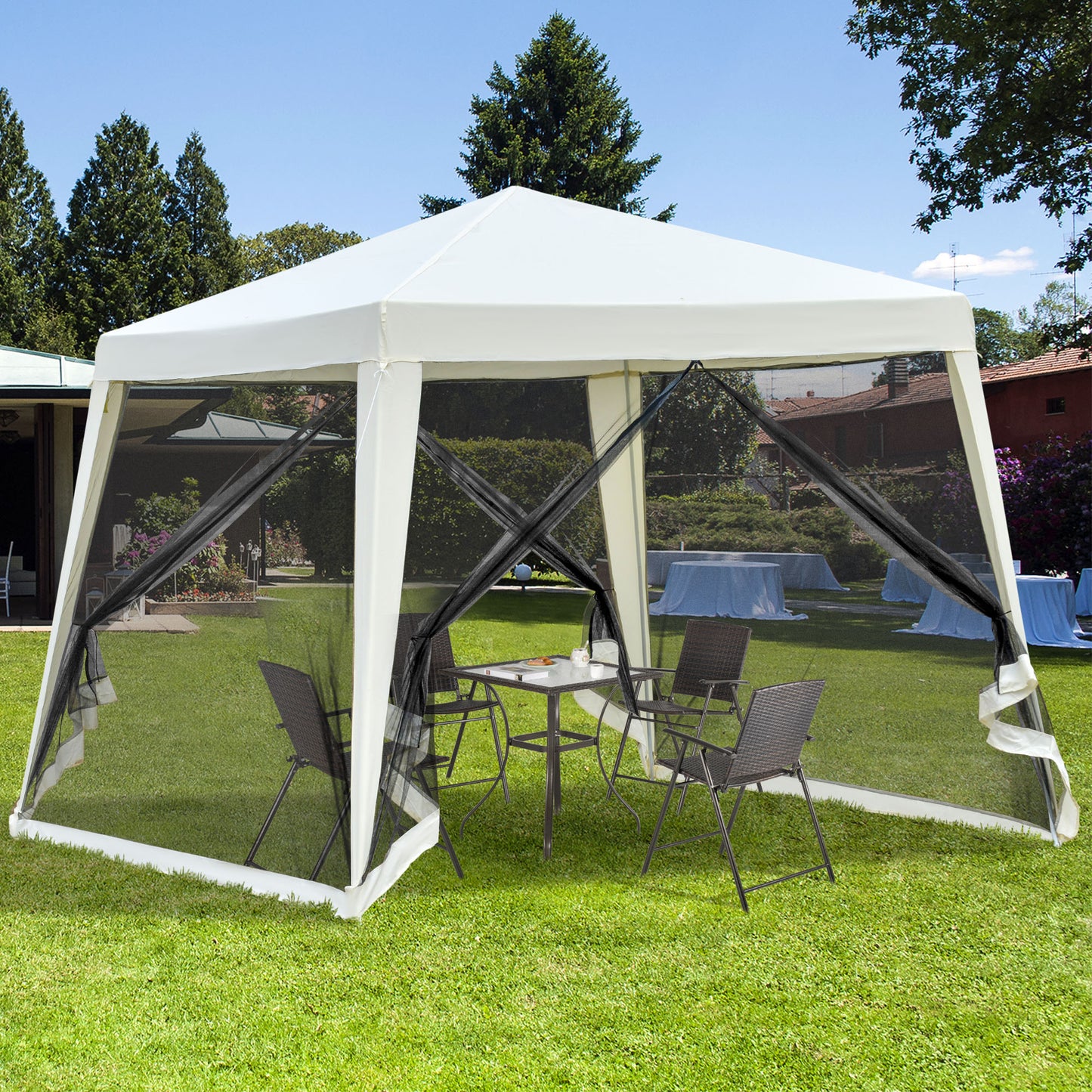 Outsunny 10'x10' Outdoor Canopy Tent, Slant Leg Sun Shelter with Mesh Sidewalls, Patio Tents for Parties, Cream White by Dropsure