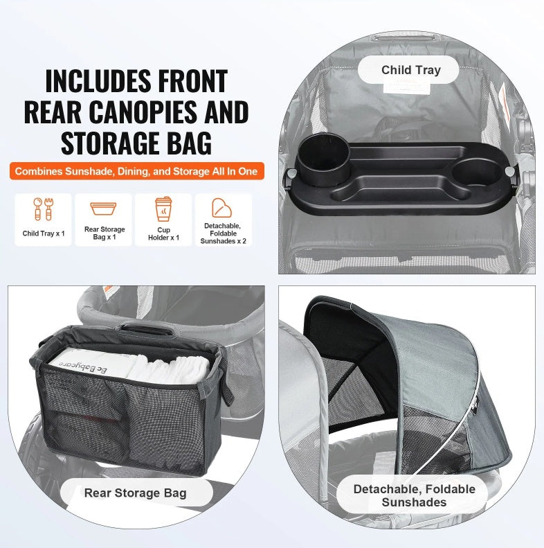 All-Terrain Stroller Wagon, 2 Seats Foldable Expedition 2-in-1 Collapsible Wagon Stroller, Includes Canopy, Parent Organizer, Snack Tray Cup Holders, 55lbs For Single Seat, Dark Grey Black