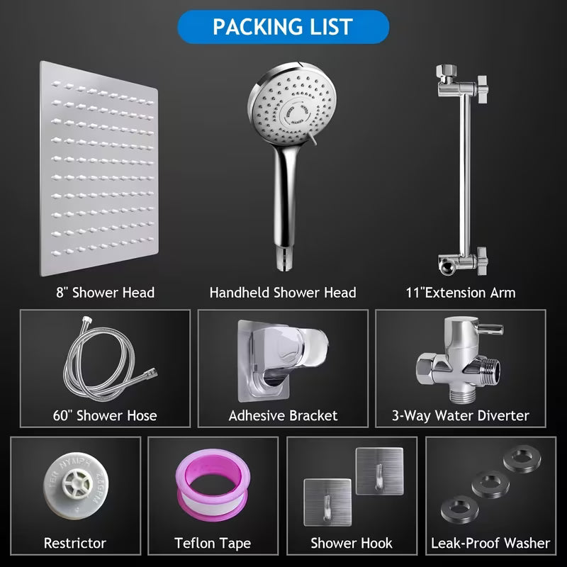 High-Pressure Shower Head with Handheld Spray - Combination Shower System, 9-Spray Settings (Rain & Handheld), Leak proof Shower heads with Flexible Hose & Bracket, Adjustable Height/Angle, Stainless Rainfall Shower head Suitable for Modern Bathrooms