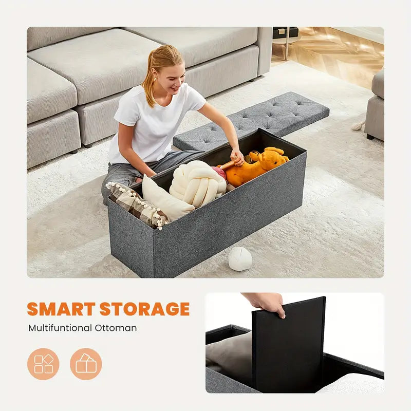 Padded Storage Ottoman Bench with Seating | Folding Ottoman Stool, Storage Chest, End Of Bed Bench for Bedroom, Living Room