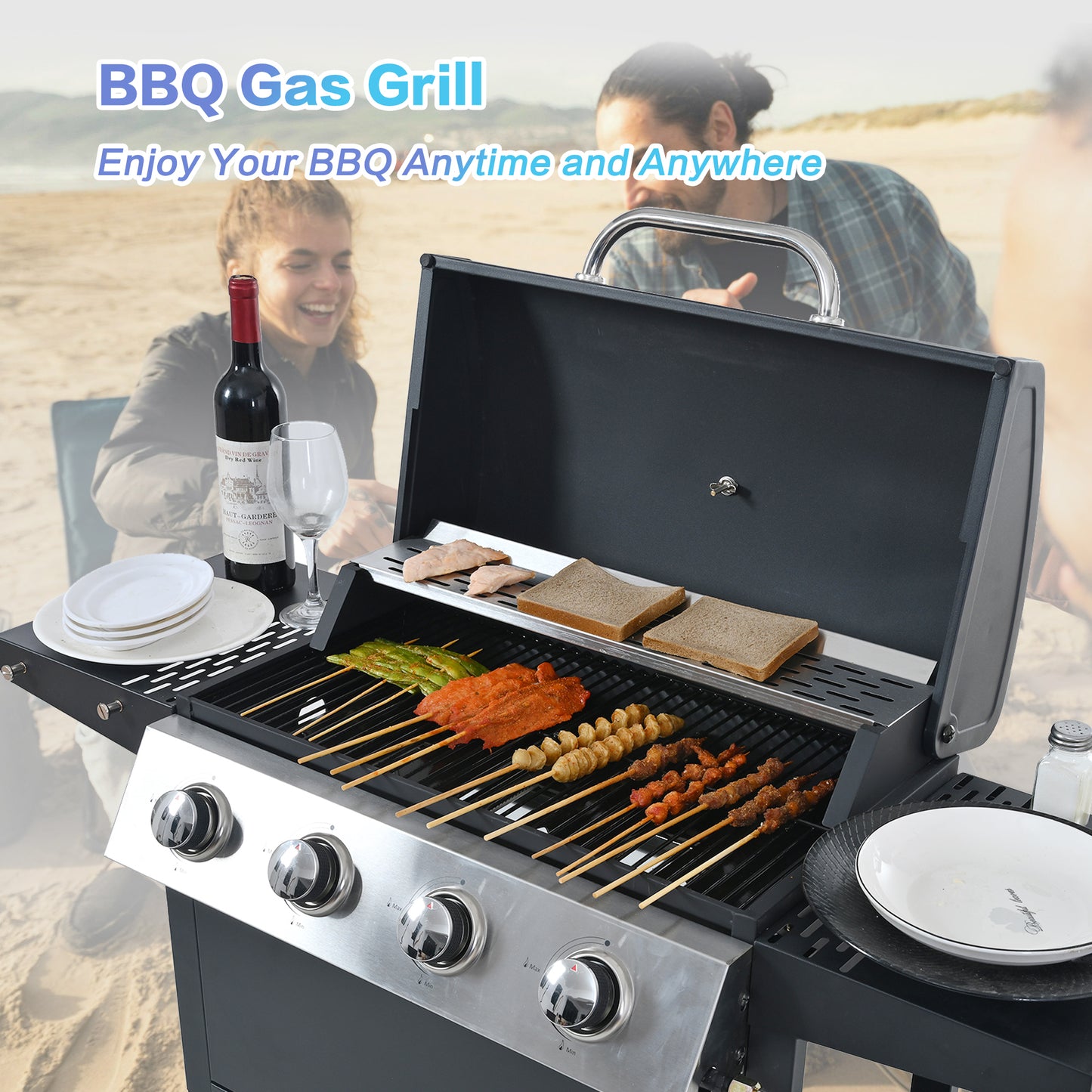 Propane Gas Grill 4 Burner Barbecue Grill, Stainless Steel 34,000 BTU Patio Garden Barbecue Grill with Two Shelves, Lid, Wheels and Bottle Opener by Dropsure