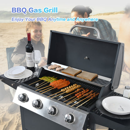 Propane Gas Grill 4 Burner Barbecue Grill, Stainless Steel 34,000 BTU Patio Garden Barbecue Grill with Two Shelves, Lid, Wheels and Bottle Opener by Dropsure