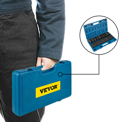 VEVOR Impact Socket Set 26 Piece Impact Sockets, Deep Socket, 6-Point Sockets, Rugged Construction, Cr-V, With A Storage Cage