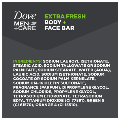 DOVE MEN + CARE 3 in 1 Bar Cleanser for Body, Face, and Shaving Extra Fresh Body and Facial Cleanser More Moisturizing Than Bar Soap to Clean and Hydrate Skin 3.75 Ounce (Pack of 8) 3.75 Ounce (Pack of 8)