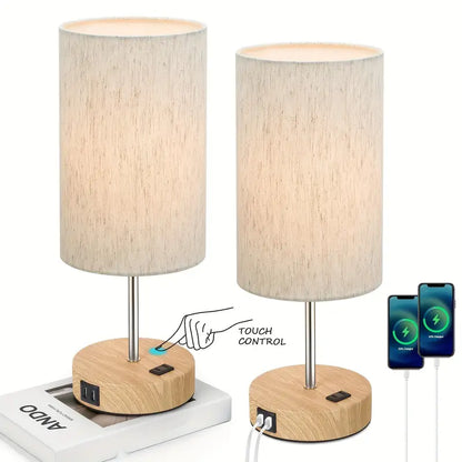 2 Pack Touch Control Table Lamps With USB Ports & AC Outlet, 3 Way Dimmable Bedside Lamps With Fabric Shades, A19 LED Bulbs Included, Perfect For Bedroom, Living Room, Reading