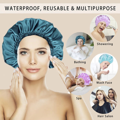 Shower Caps for Women, 4 PCS Elastic and Reusable Bath Caps, Double Waterproof Layers Shower Cap, Bathing Shower Caps, Environmental Protection Hair Bath Hat - Solid Color Solid Color 4 PCS/Set