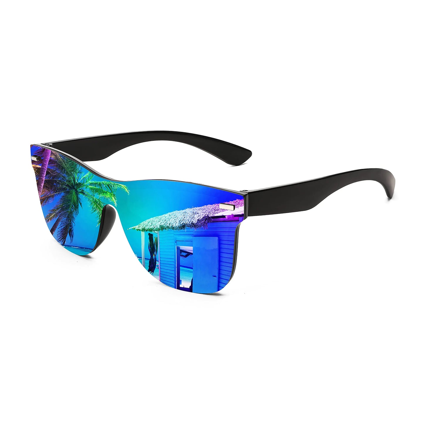 FEISEDY Sunglasses, Rimless Mirrored Sun Glasses with Reflective One-Piece Lens, B4114 Green Blue Mirror 62 Millimeters