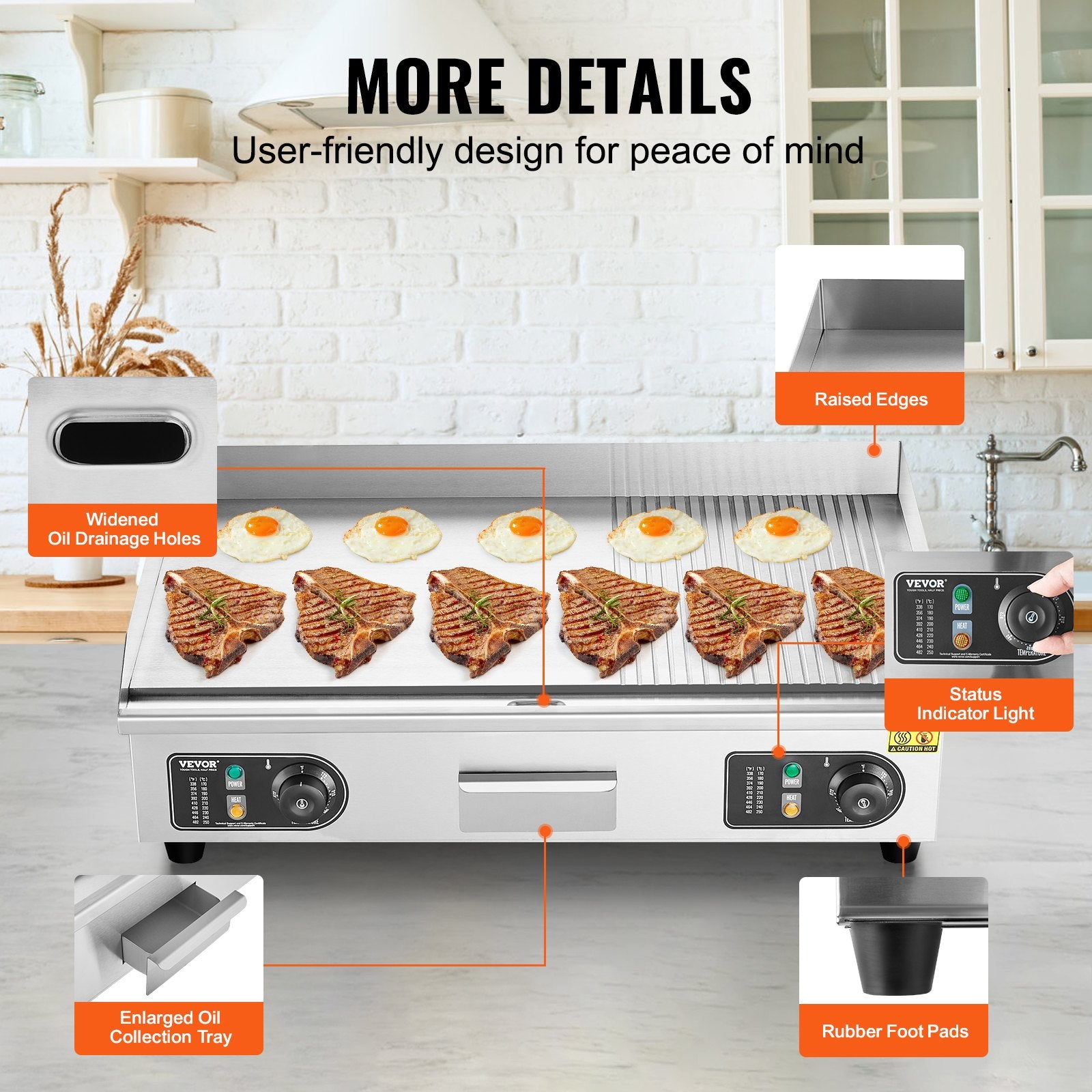 Commercial Electric Griddle, 2800W Countertop Half-Flat Top Grill, 122℉-572℉ Adjustable Temp, 28.74x15.75x0.39in Stainless Steel Griddle Grill with 2 Shovels and 2 Brushes for Home or Restaurant by Dropsure