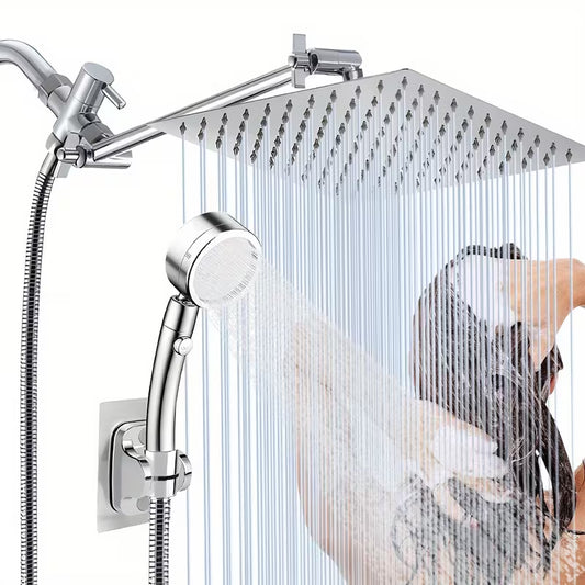High-Pressure Shower Head with Handheld Spray - Combination Shower System, 9-Spray Settings (Rain & Handheld), Leak proof Shower heads with Flexible Hose & Bracket, Adjustable Height/Angle, Stainless Rainfall Shower head Suitable for Modern Bathrooms