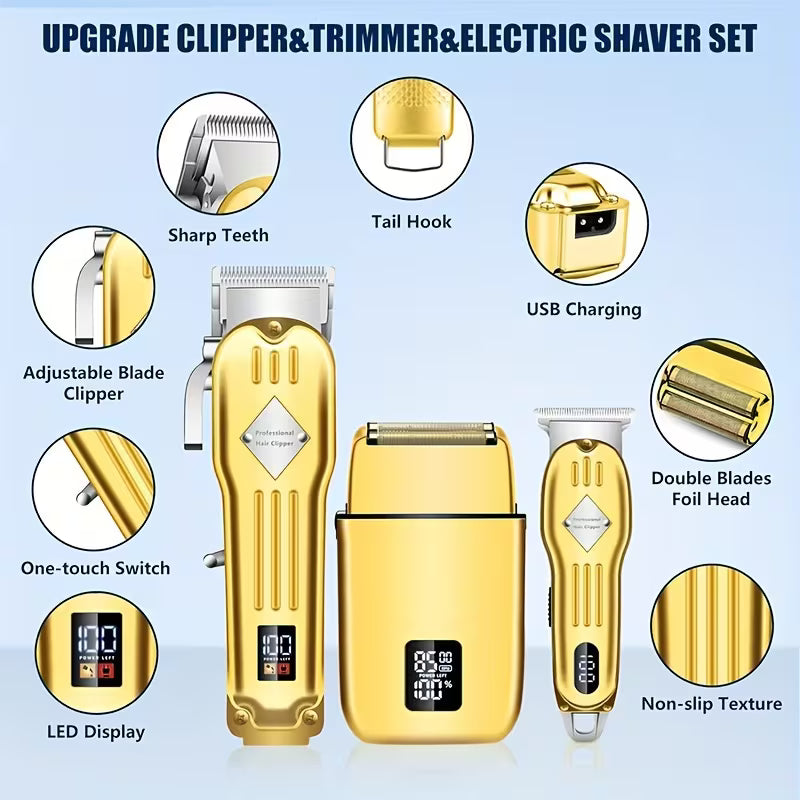 Men's Professional Hair Clipper Combo Set - Foil Shaver, Detail Trimmer, Adjustable Blades - USB Rechargeable, LCD Display, Complete Accessories for Home/Barbershop