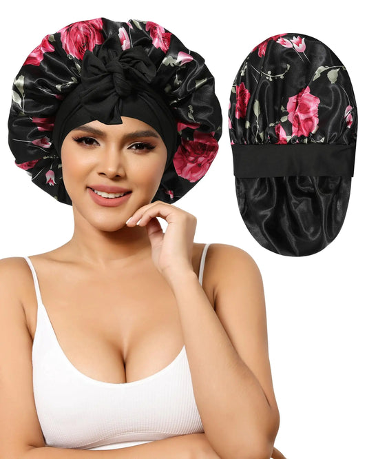 Satin Bonnet for Women Silk Bonnets for Sleeping Curly Hair Bonnet with Tie Band Double Layer Sleep Cap Hair Wrap 7-7 3/8 Black + Red Flower