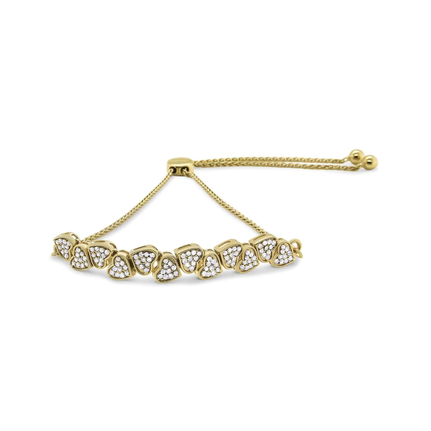 Yellow Gold Plated .925 Sterling Silver 1/2 Cttw Diamond Sideways Hearts Bolo Bracelet (H-I Color, I1-I2 Clarity) - 4”-10” Adjustable - Anti Spier 