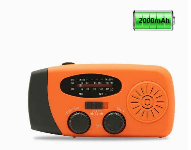 Multifunction emergency radio with flashlight, orange design, 2000mAh battery.