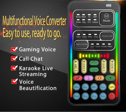 Multifunctional voice changer device with colorful buttons on a dark background