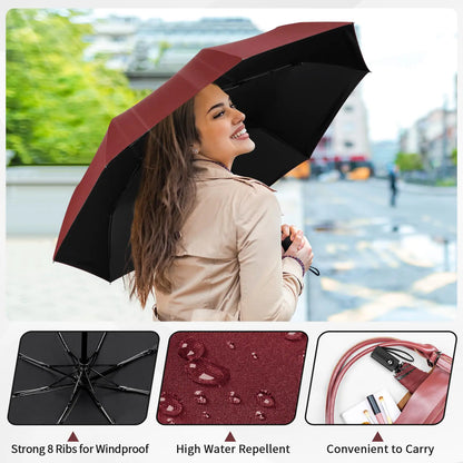 Yoobure Windproof Travel Umbrella, Automatic Umbrellas for Rain, Portable & Compact Umbrella for Backpack, Sun Umbrella for Walking, Folding Small Umbrella for Car, Lightweight Strong UV Protection Auto-Burgundy Red