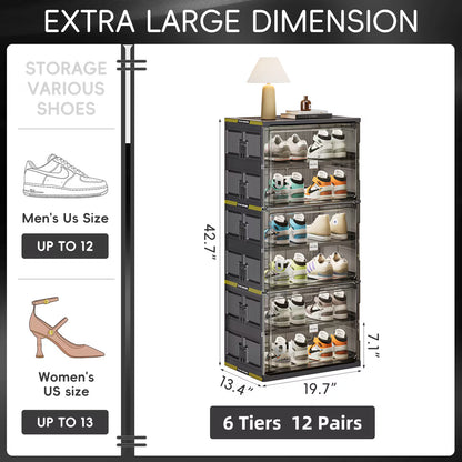 6 Tiers 12 Pairs Hard Plastic Shoe Storage Organizer Cabinet For Entryway, Large Stackable Collapsible Sneaker Shoe Box Organizer For Closet, Portable Folding Shoe Cabinet With Doors, Black