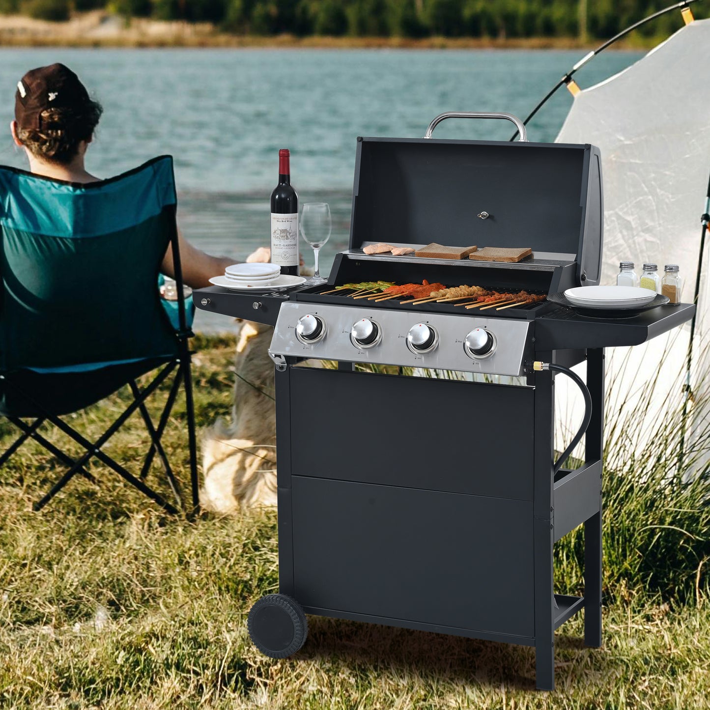 Propane Gas Grill 4 Burner Barbecue Grill, Stainless Steel 34,000 BTU Patio Garden Barbecue Grill with Two Shelves, Lid, Wheels and Bottle Opener by Dropsure