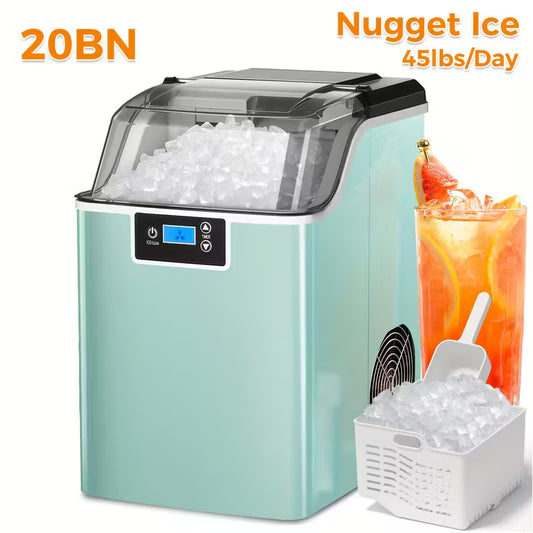 Nugget Countertop Ice Maker, Soft Chew Pellet Ice or Bullet Ice, 44 lbs/24 hrs or 26 lbs/24 hrs, One Touch Operation, Self-Cleaning, For Home, Kitchen, Office, Stainless Steel, Space saving Design, Easy To Clean, High quality Build, Chewable Ice