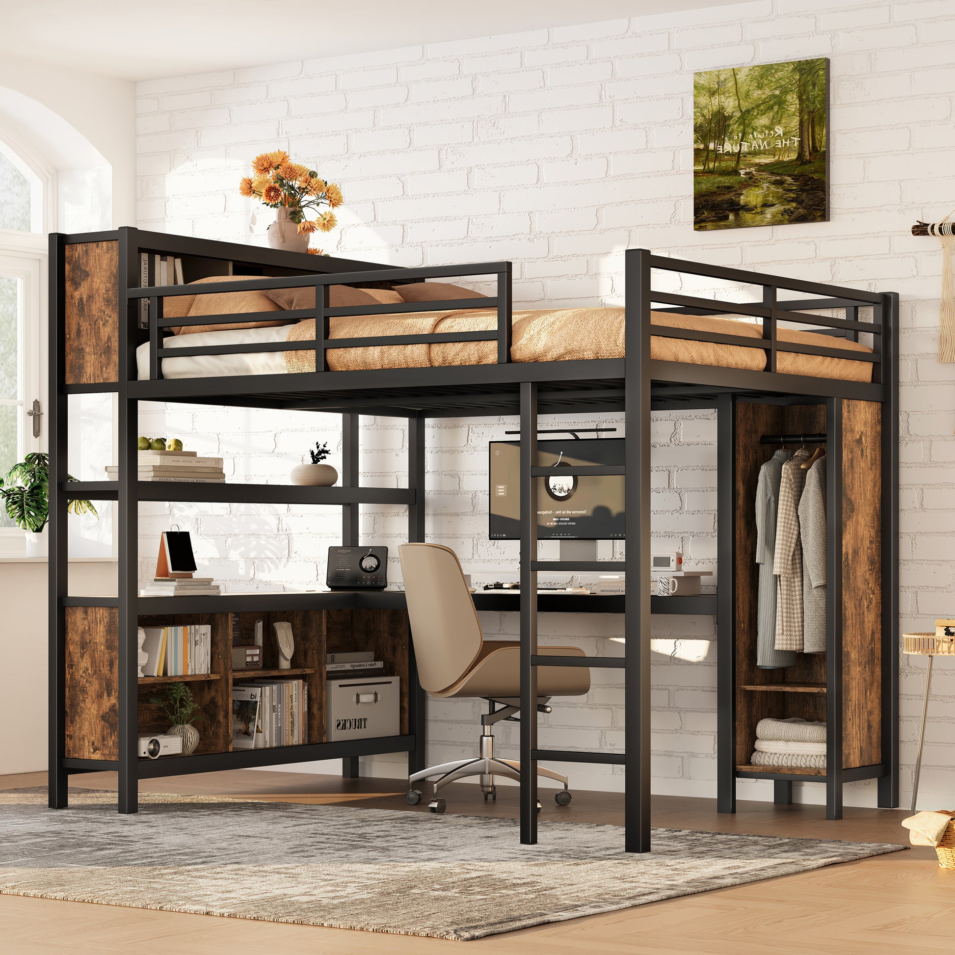 Metal Loft Bed with Wardrobe And L-shaped Desk, Queen Size Loft Bed with Storage Cubes and Shelves, Heavy Duty Loft Bed for Kids Teens Adults, Black by Dropsure