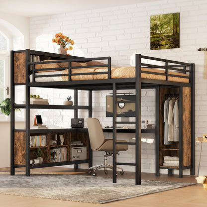 Metal Loft Bed with Wardrobe And L-shaped Desk, Queen Size Loft Bed with Storage Cubes and Shelves, Heavy Duty Loft Bed for Kids Teens Adults, Black by Dropsure