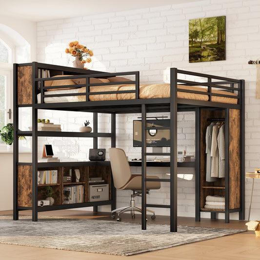 Metal Loft Bed with Wardrobe And L-shaped Desk, Queen Size Loft Bed with Storage Cubes and Shelves, Heavy Duty Loft Bed for Kids Teens Adults, Black by Dropsure