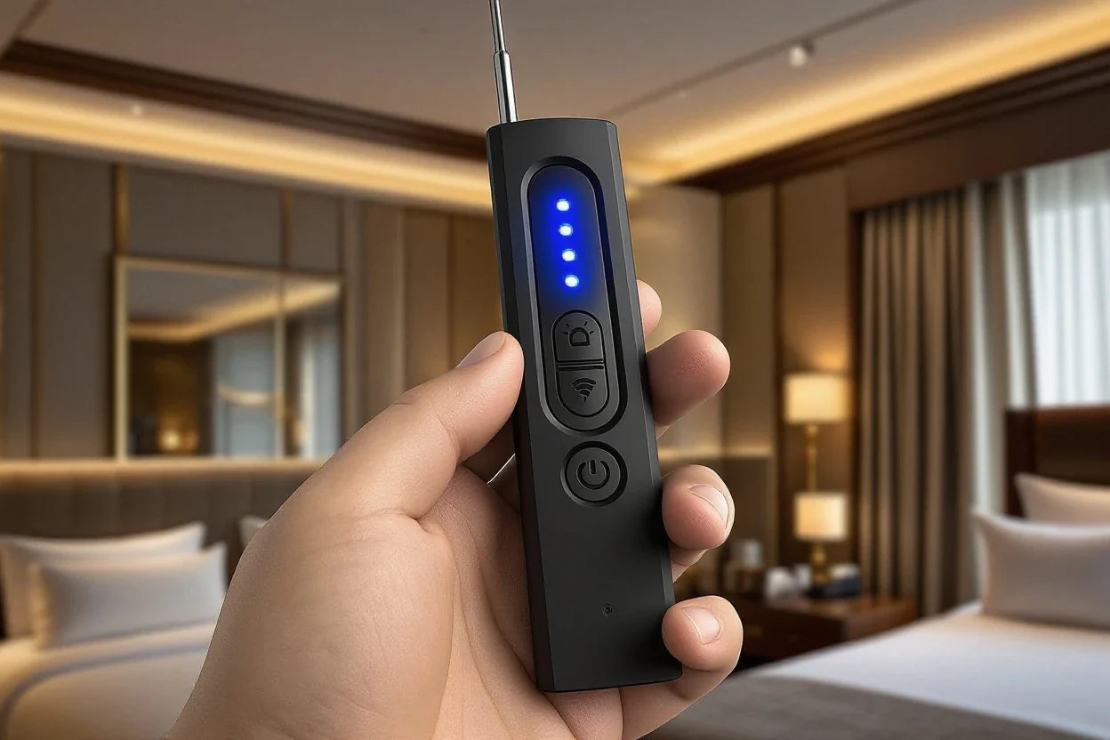 Hand holding Spystopper Pro anti spy surveillance detector with blue LED indicators in modern hotel room background