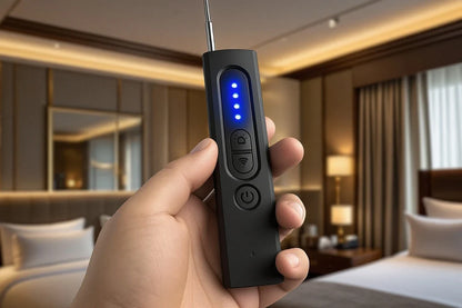 Hand holding Spystopper Pro anti spy surveillance detector with blue LED indicators in modern hotel room background