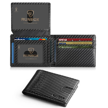 RUNBOX Wallet for Men Slim Rfid Leather 2 ID Window With Gift Box Carbon Black-15 slots