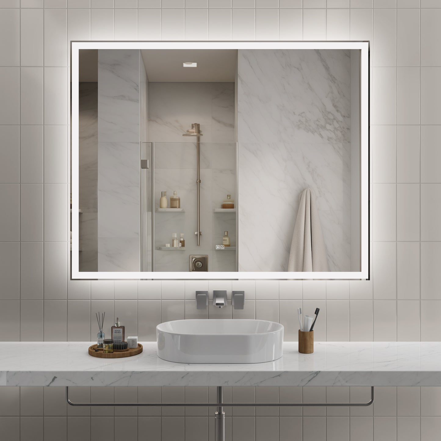 60"x48" Modern LED Smart Mirror with Hiden Light Bathroom Mirror, Front Lit & Back Lit With 3 Color Adjustable, Memory Function, Anti-Fog, Time Mode Control by Dropsure