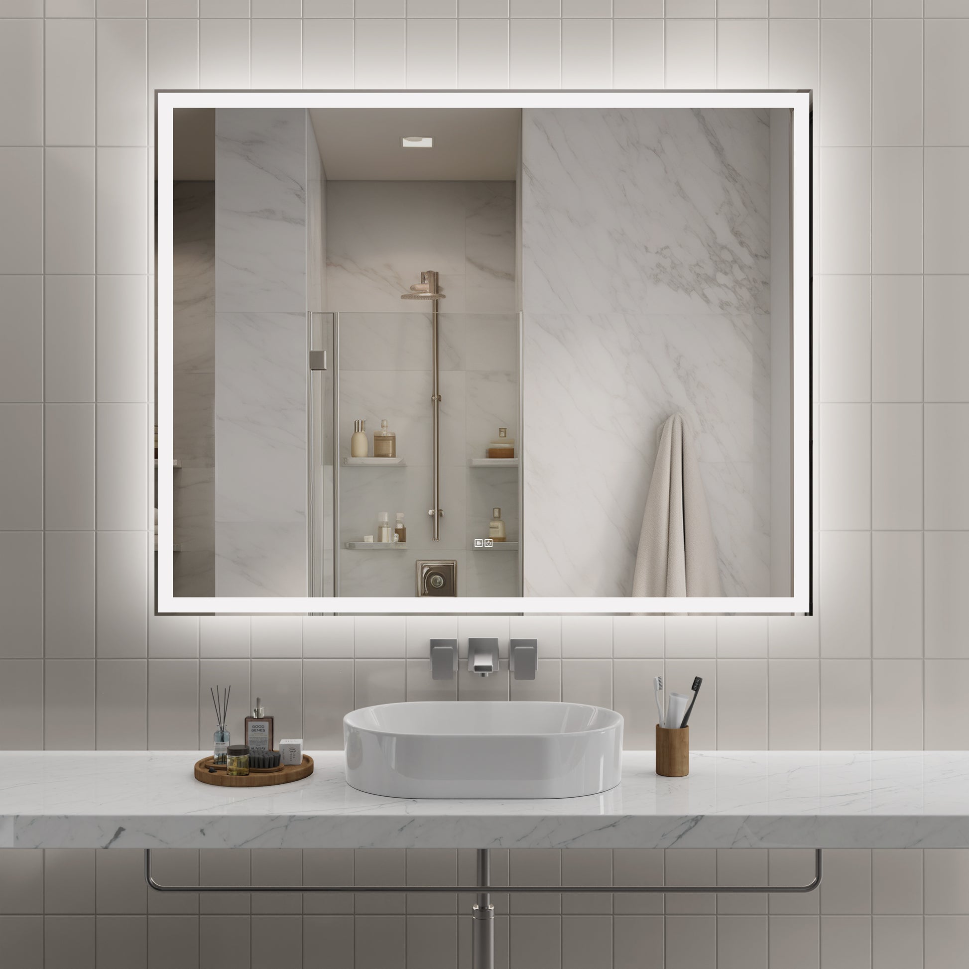 60"x48" Modern LED Smart Mirror with Hiden Light Bathroom Mirror, Front Lit & Back Lit With 3 Color Adjustable, Memory Function, Anti-Fog, Time Mode Control by Dropsure