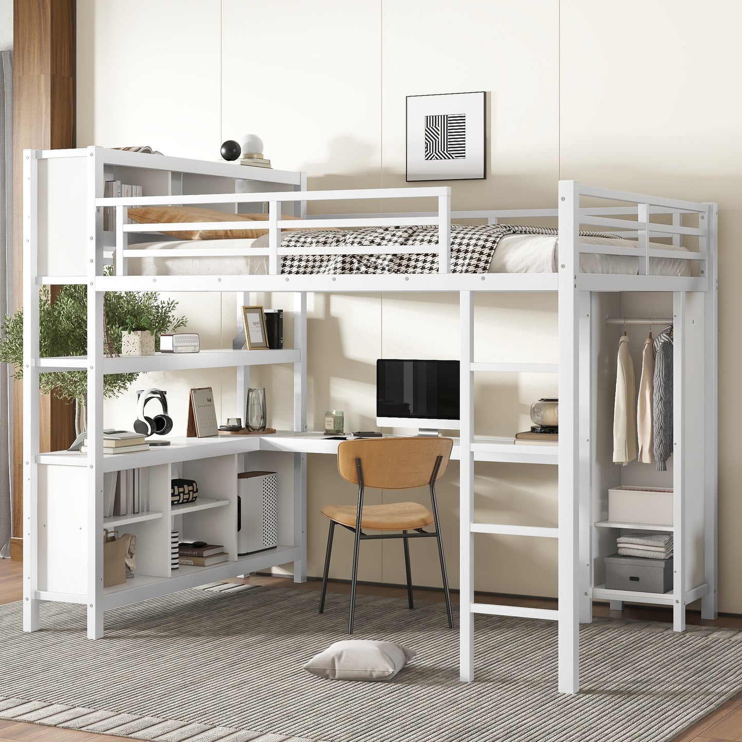 Metal Loft Bed with Wardrobe And L-shaped Desk, Queen Size Loft Bed with Storage Cubes and Shelves, Heavy Duty Loft Bed for Kids Teens Adults, Black by Dropsure