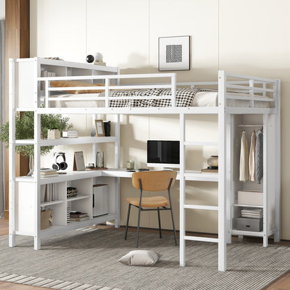Metal Loft Bed with Wardrobe And L-shaped Desk, Queen Size Loft Bed with Storage Cubes and Shelves, Heavy Duty Loft Bed for Kids Teens Adults, Black by Dropsure
