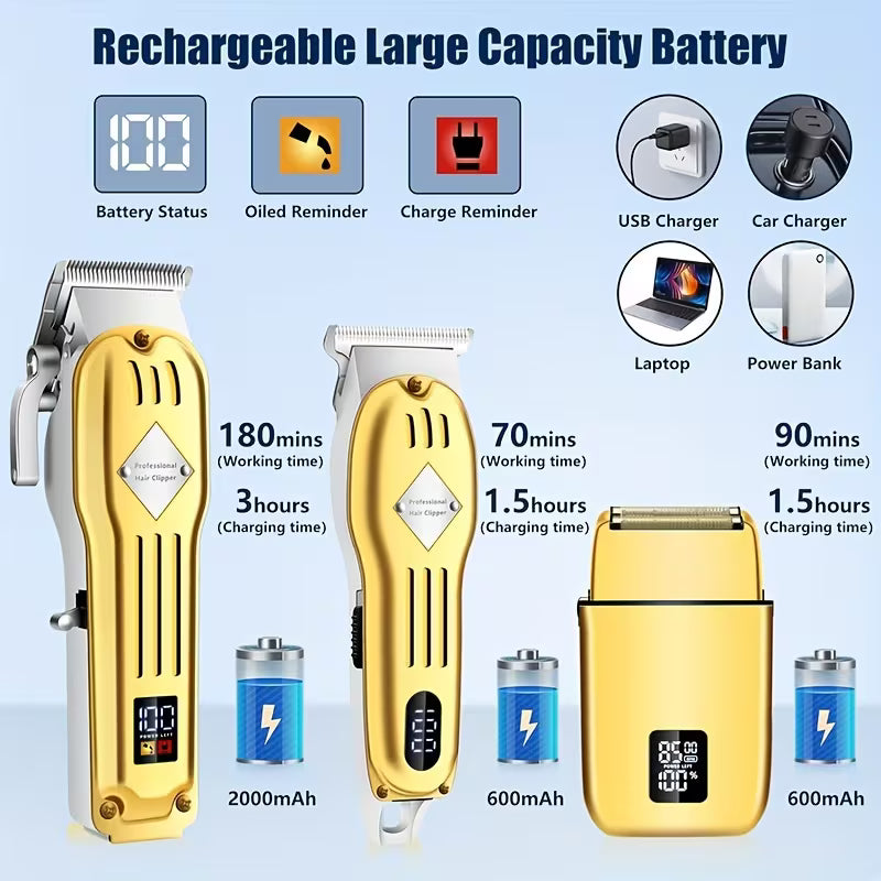 Men's Professional Hair Clipper Combo Set - Foil Shaver, Detail Trimmer, Adjustable Blades - USB Rechargeable, LCD Display, Complete Accessories for Home/Barbershop