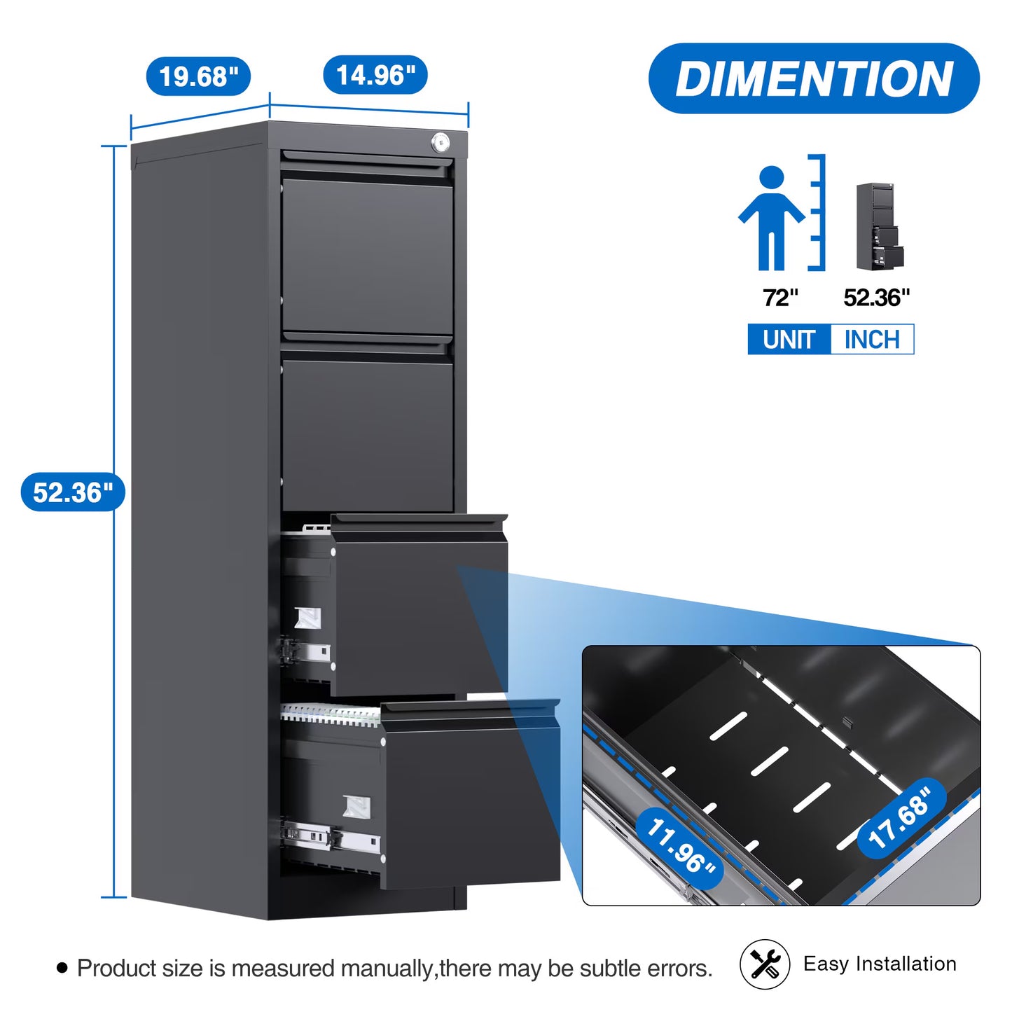 4 Drawer File Cabinet, Metal Vertical File Storage Cabinet With Lock, Office Home Steel File Cabinet For A4 Letter Legal Size, 14.96inch W X 17.72inch D X 52.36inch H, Assembly Required Black