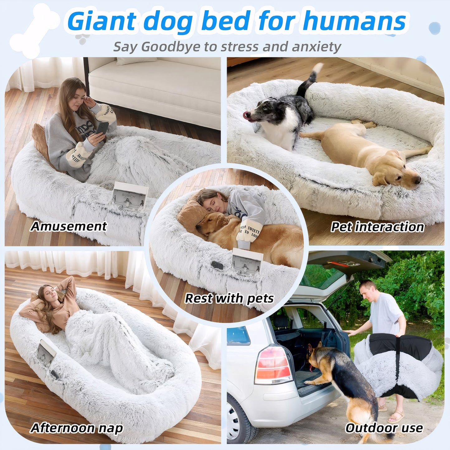Human Dog Bed, Washable Faux Fur Dog Bed for People Doze Off, Napping Orthopedic Dog Bed,71''x45''x14'' Size Fits You and Pets (Grey) by Dropsure