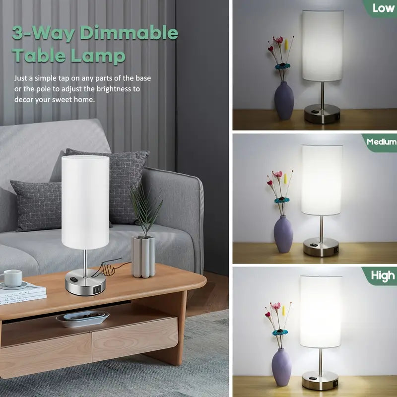 2 Pack Touch Control Table Lamps With USB Ports & AC Outlet, 3 Way Dimmable Bedside Lamps With Fabric Shades, A19 LED Bulbs Included, Perfect For Bedroom, Living Room, Reading