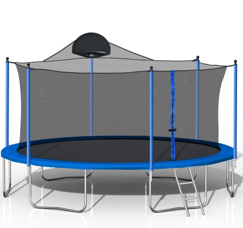 14FT Trampoline For Adults Kids With Basketball Hoop, Outdoor Trampolines W  Ladder And Safety Enclosure Net For Kids And Adults,Double-side Color Cover