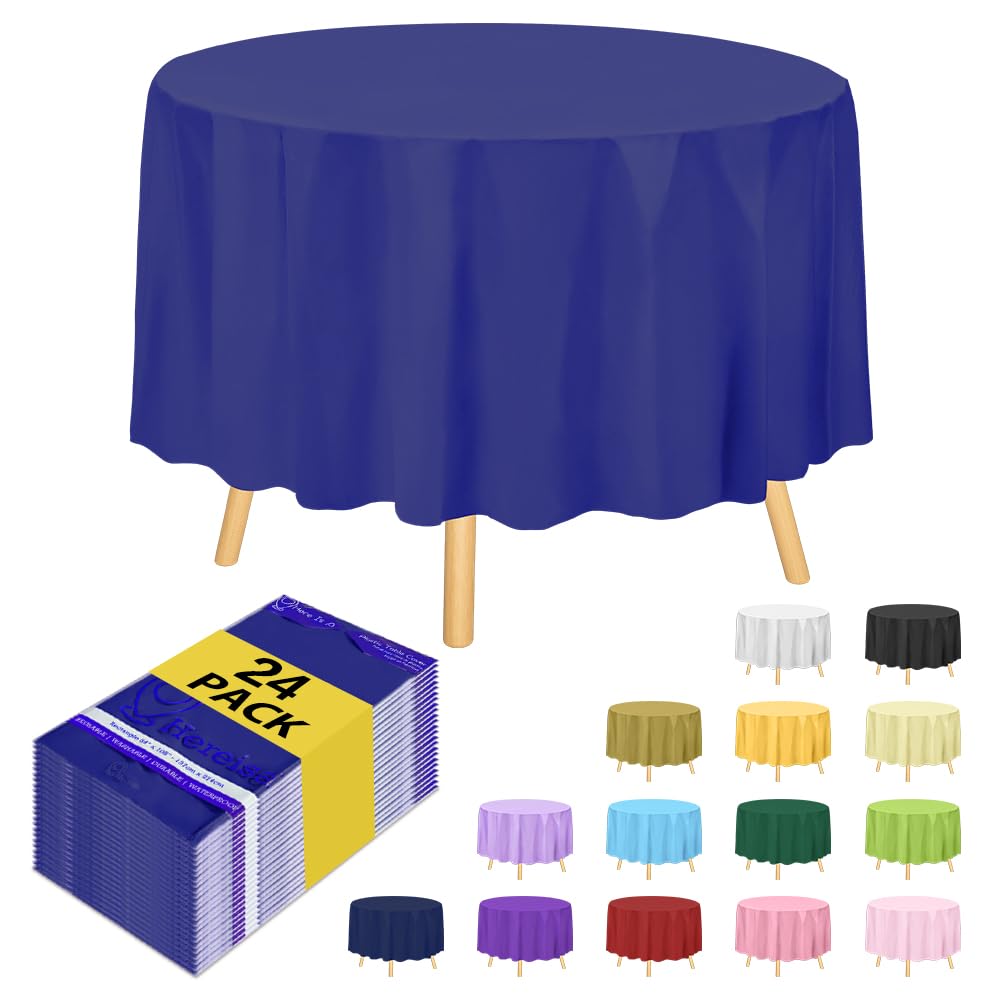 24 Pack Premium Round Royal Blue Plastic Tablecloth - 84 x 84 in. Disposable Round Plastic Table Cloth - Decorative Round Table Cover Smooth Table Cover