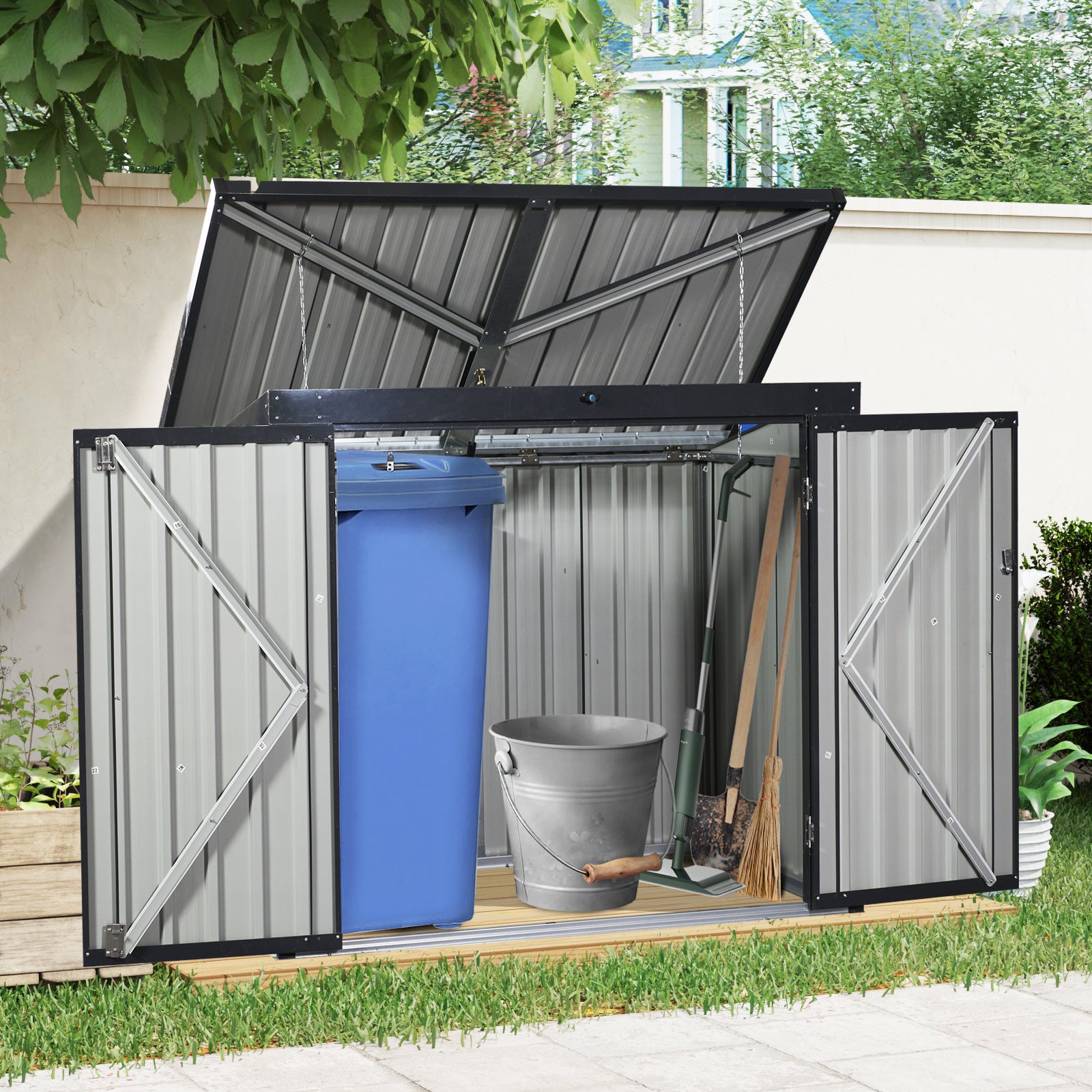 Garbage Bin Shed Stores 2 Trash Cans Metal Outdoor Bin Shed for Garbage Storage,Stainless Galvanized Steel, Bin Shed for Garden Yard Lawn, Black (W540P176424 ) Upgraded version by Dropsure