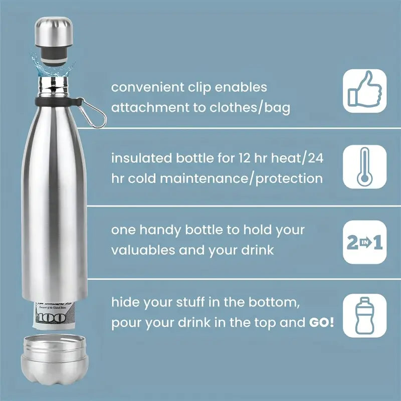 1pc Stainless Steel Insulated Water Bottle with Hidden Compartment - Leak-Proof, Keeps Drinks Hot/Cold, Portable for Travel, Commuting, Outdoor Activities, Commuting Hydration, Sleek Design, Secure Lid Design