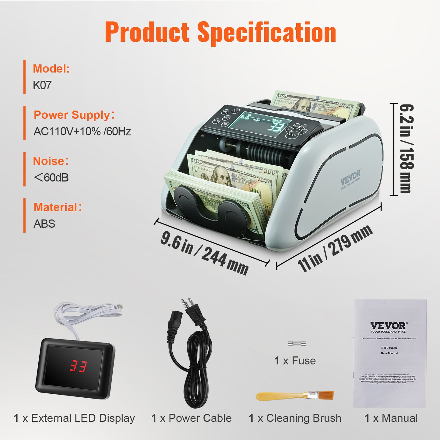 VEVOR Money Counter Machine, Bill Counter With UV, MG, IR And DD Counterfeit Detection, USD & EUR Cash Counting Machine With Large LCD & External Display For Small Business