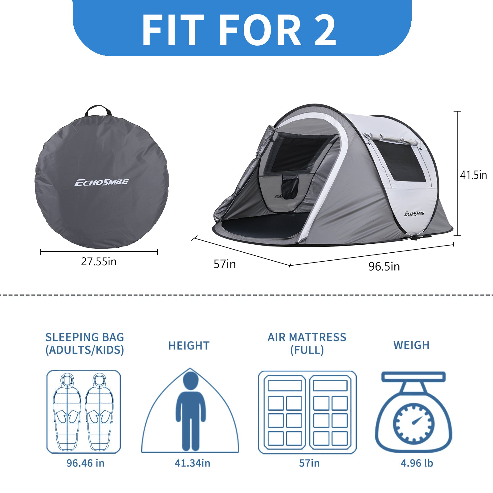 2 Person White + Gray Pop Up Camping Tent by Dropsure
