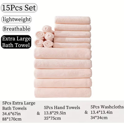 15pcs Bulk Bath & Hand Towel Set - Large 300GSM Microfiber Towels (5 Bath, 5 Hand, 5 Washcloths) - Heavy-Duty, Quick-Dry & Highly Absorbent for, Spa, Hotel - Multi-Color Options