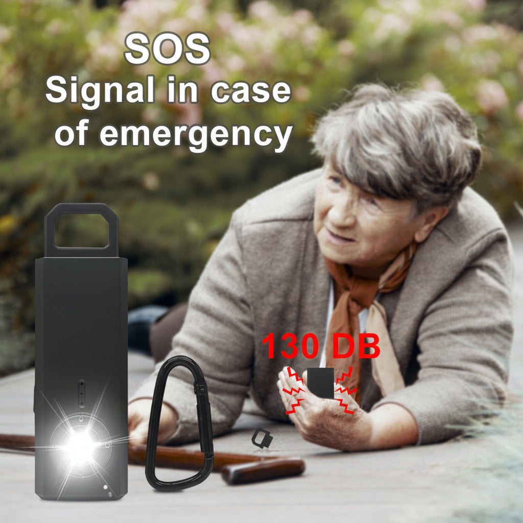 Person using a portable SOS device with text indicating SOS signal and 130 dB sound level.