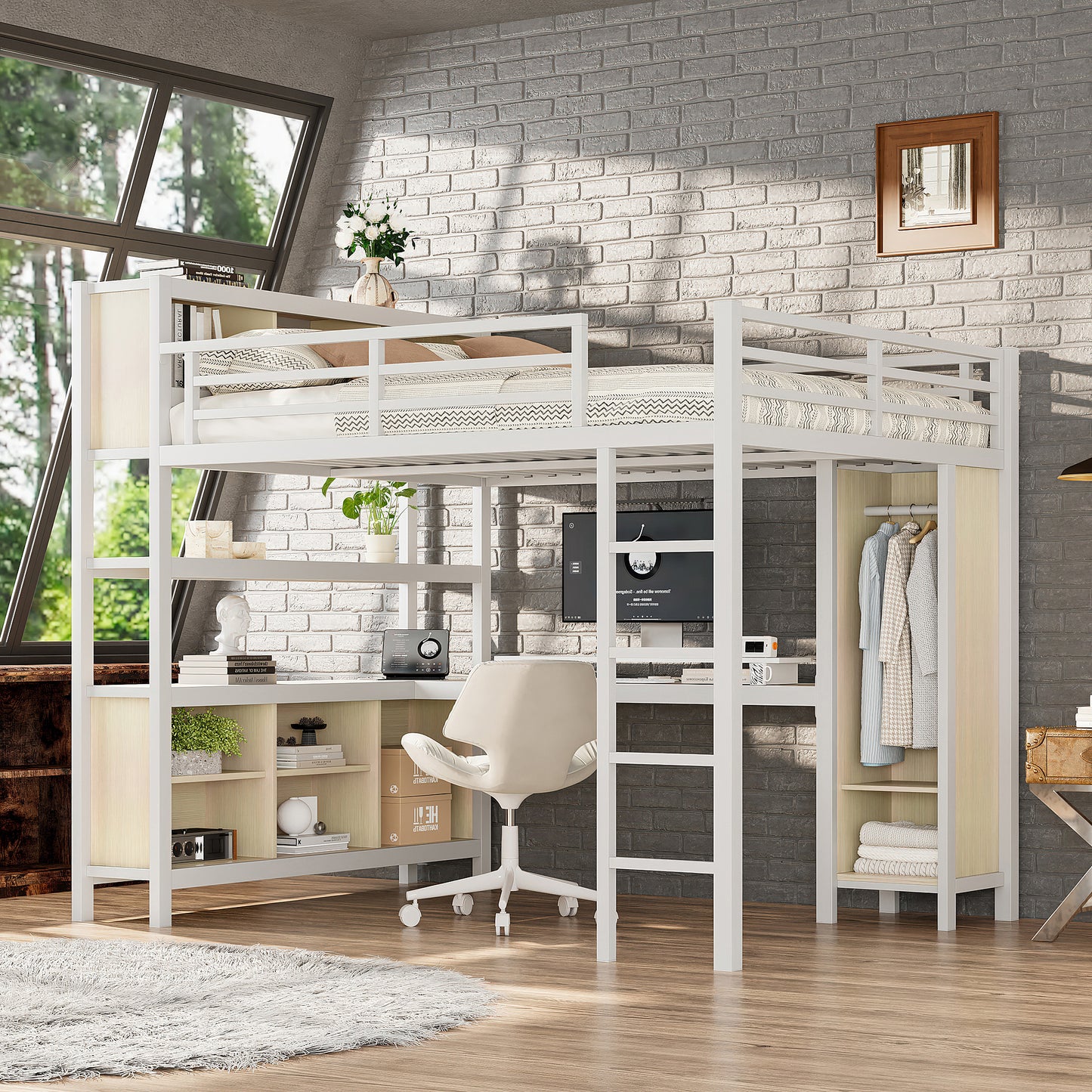 Metal Loft Bed with Wardrobe And L-shaped Desk, Queen Size Loft Bed with Storage Cubes and Shelves, Heavy Duty Loft Bed for Kids Teens Adults, Black by Dropsure