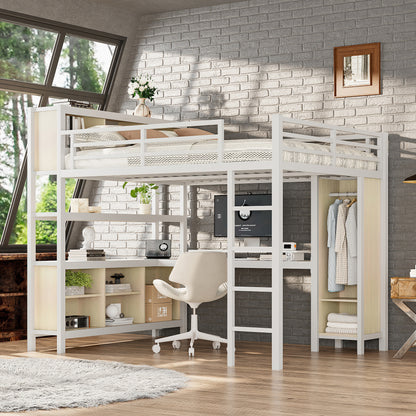 Metal Loft Bed with Wardrobe And L-shaped Desk, Queen Size Loft Bed with Storage Cubes and Shelves, Heavy Duty Loft Bed for Kids Teens Adults, Black by Dropsure