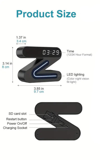 Product size and parameters comparison between a digital clock and a smartphone on a white background.