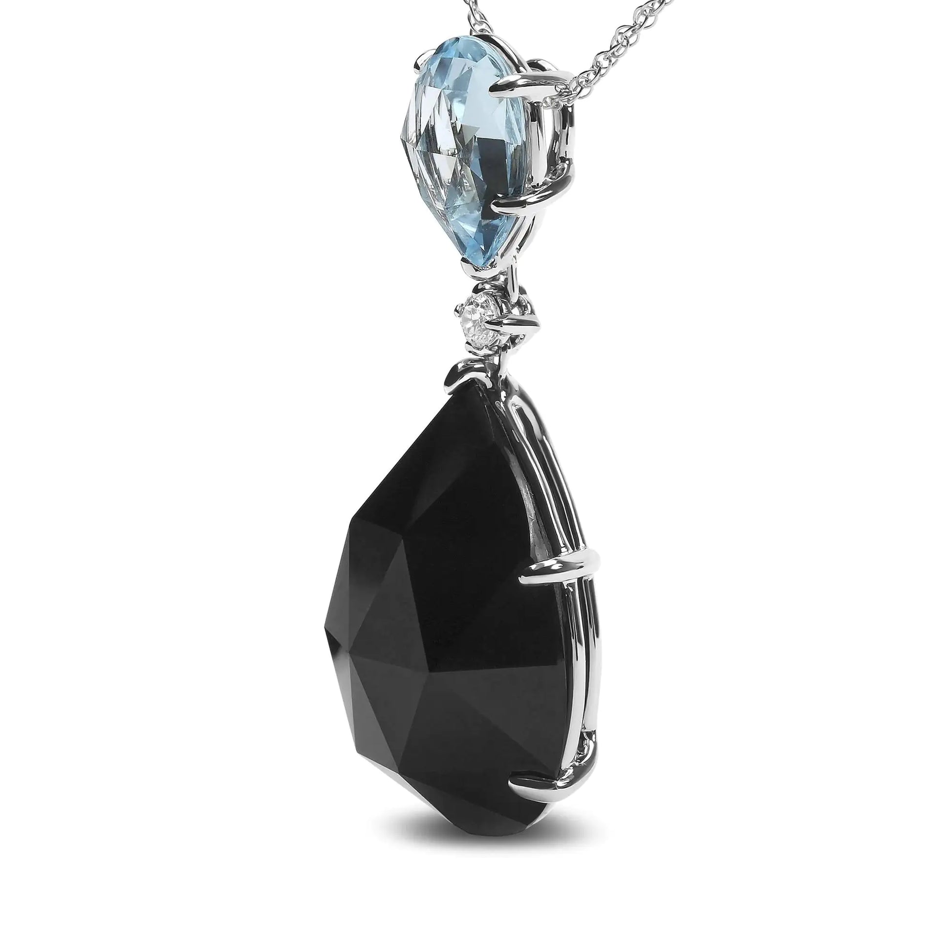 18K White Gold Diamond Accent and Pear Cut Sky Blue Topaz and Pear Cut Black Onyx Dangle Drop 18" Pendant Necklace (G-H Color, SI1-SI2 Clarity) - Anti Spier 