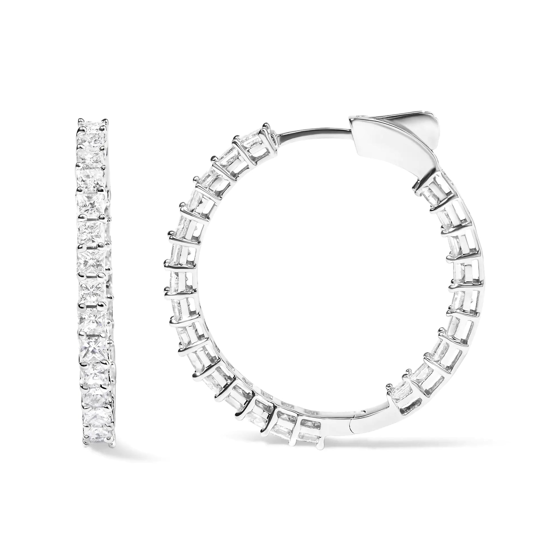 14K White Gold Natural Princess Cut Diamond Inside Out Hoop Earrings (G-H Color, SI2-I1 Clarity) - Anti Spier 