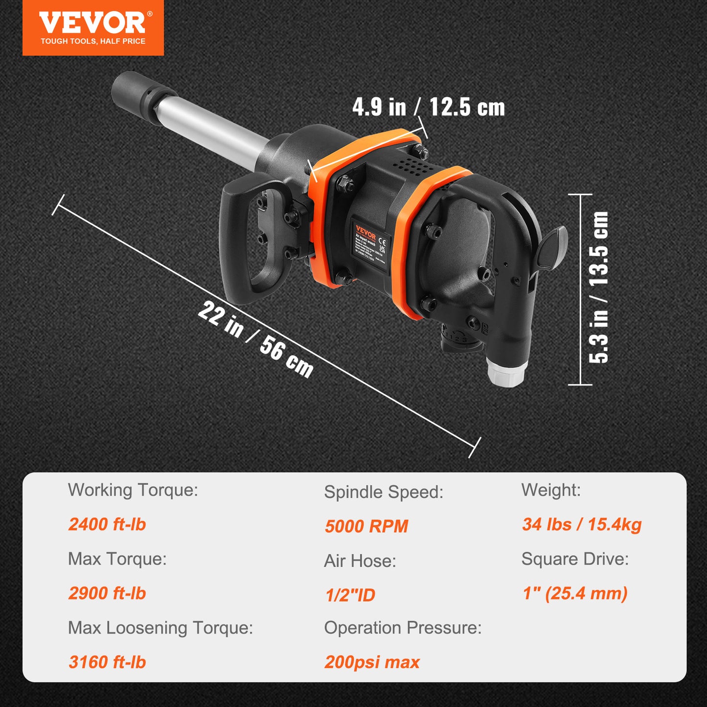 VEVOR 1 Inch Air Impact Wrench, Up To 3160 Ft-lbs High Reverse Torque Output 1inch Pneumatic Impact Gun